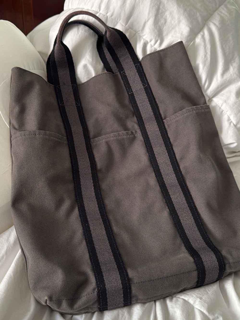 Hermes Vintage Canvas Tote Bag in Dark Gray with Black Trim